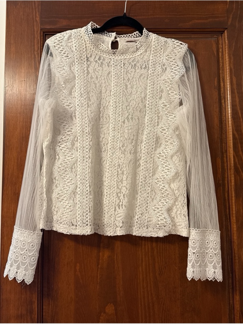 Lace Paneled White Blouse with Sheer Long Sleeves